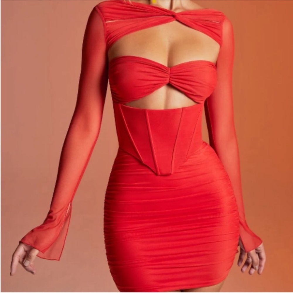 OH POLLY Nirvana Long Sleeved Ruched Mini Dress in Red
